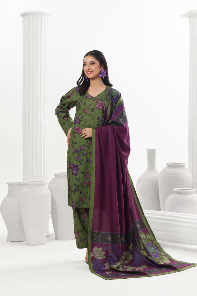 Feathers Digital Printed Dhanak Unstitched 3Pc Suit Peridot Playa-FT789