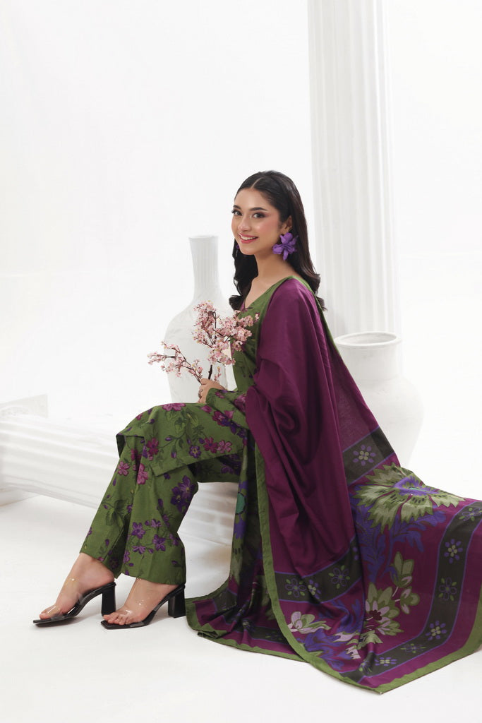 Feathers Digital Printed Dhanak Unstitched 3Pc Suit Peridot Playa-FT789