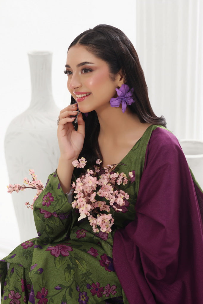 Feathers Digital Printed Dhanak Unstitched 3Pc Suit Peridot Playa-FT789
