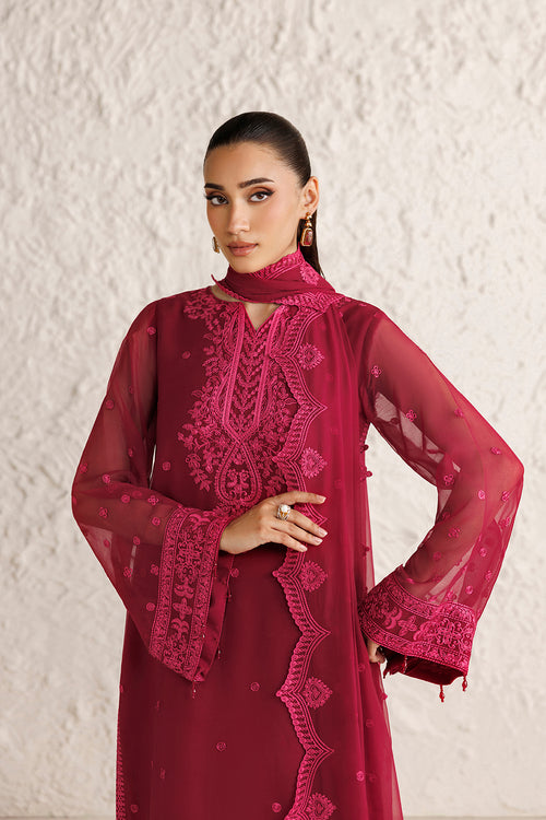 Farasha Luxury Formal Embroidered Chiffon Unstitched 3Pc Suit - Petal Garnet