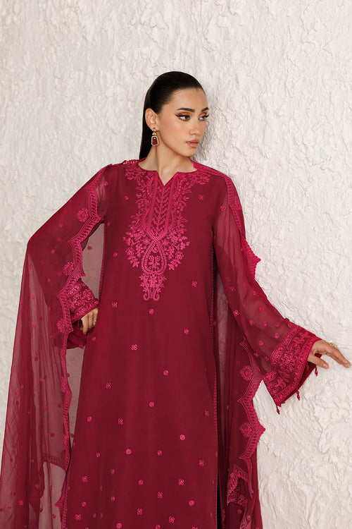 Farasha Luxury Formal Embroidered Chiffon Unstitched 3Pc Suit - Petal Garnet