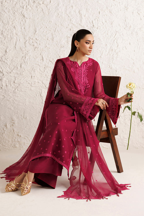 Farasha Luxury Formal Embroidered Chiffon Unstitched 3Pc Suit - Petal Garnet