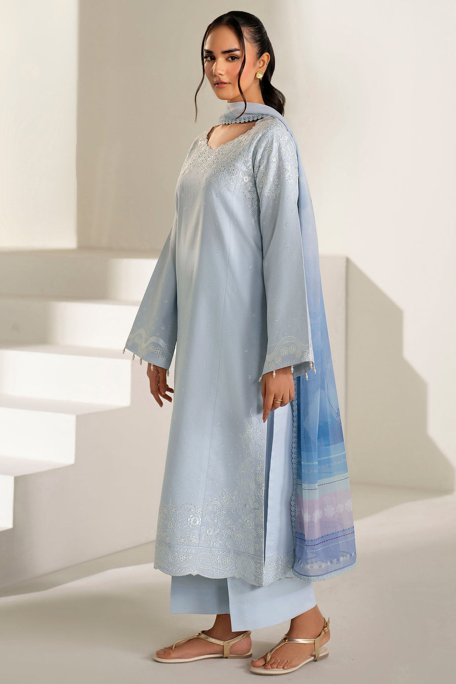 Farasha Summer Weaves Embroidered Lawn Unstitched 3Pc Suit - Pine Blue