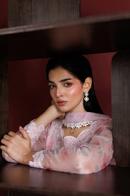 Farasha Fiorella Embroidered Chiffon Unstitched 3Pc Suit - Pink Essence