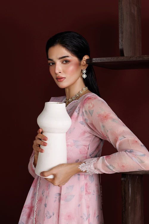 Farasha Fiorella Embroidered Chiffon Unstitched 3Pc Suit - Pink Essence
