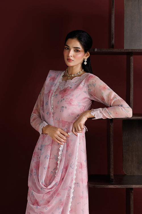 Farasha Fiorella Embroidered Chiffon Unstitched 3Pc Suit - Pink Essence