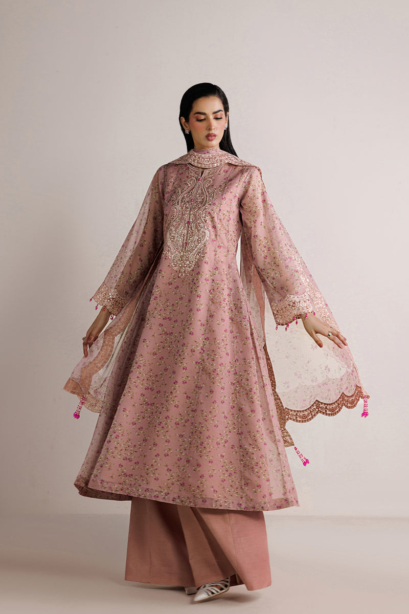 Farasha Fiorella Embroidered Chiffon Unstitched 3Pc Suit - Pink Poise