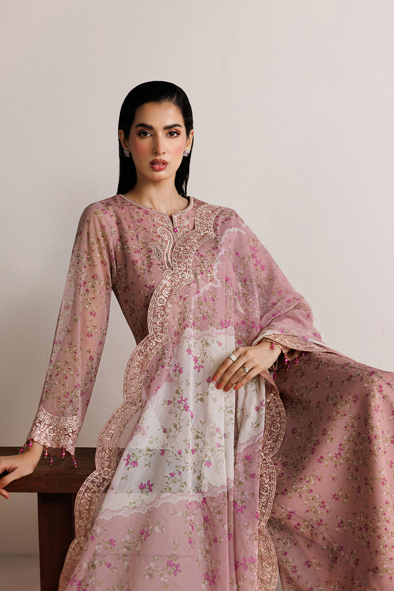 Farasha Fiorella Embroidered Chiffon Unstitched 3Pc Suit - Pink Poise