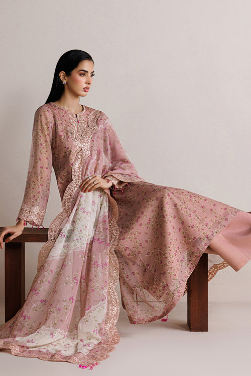 Farasha Fiorella Embroidered Chiffon Unstitched 3Pc Suit - Pink Poise