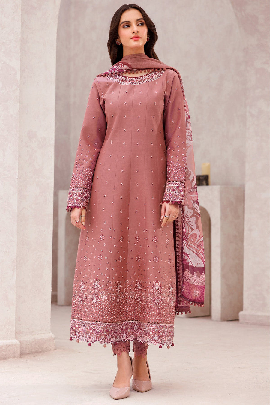 Farasha Summer Weaves Embroidered Lawn Unstitched 3Pc Suit - Pink Whisper