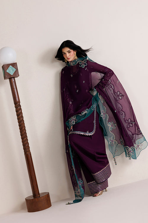 Farasha Luxury Formal Embroidered Chiffon Unstitched 3Pc Suit - Plum Adore