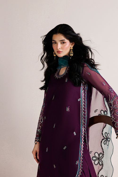Farasha Luxury Formal Embroidered Chiffon Unstitched 3Pc Suit - Plum Adore