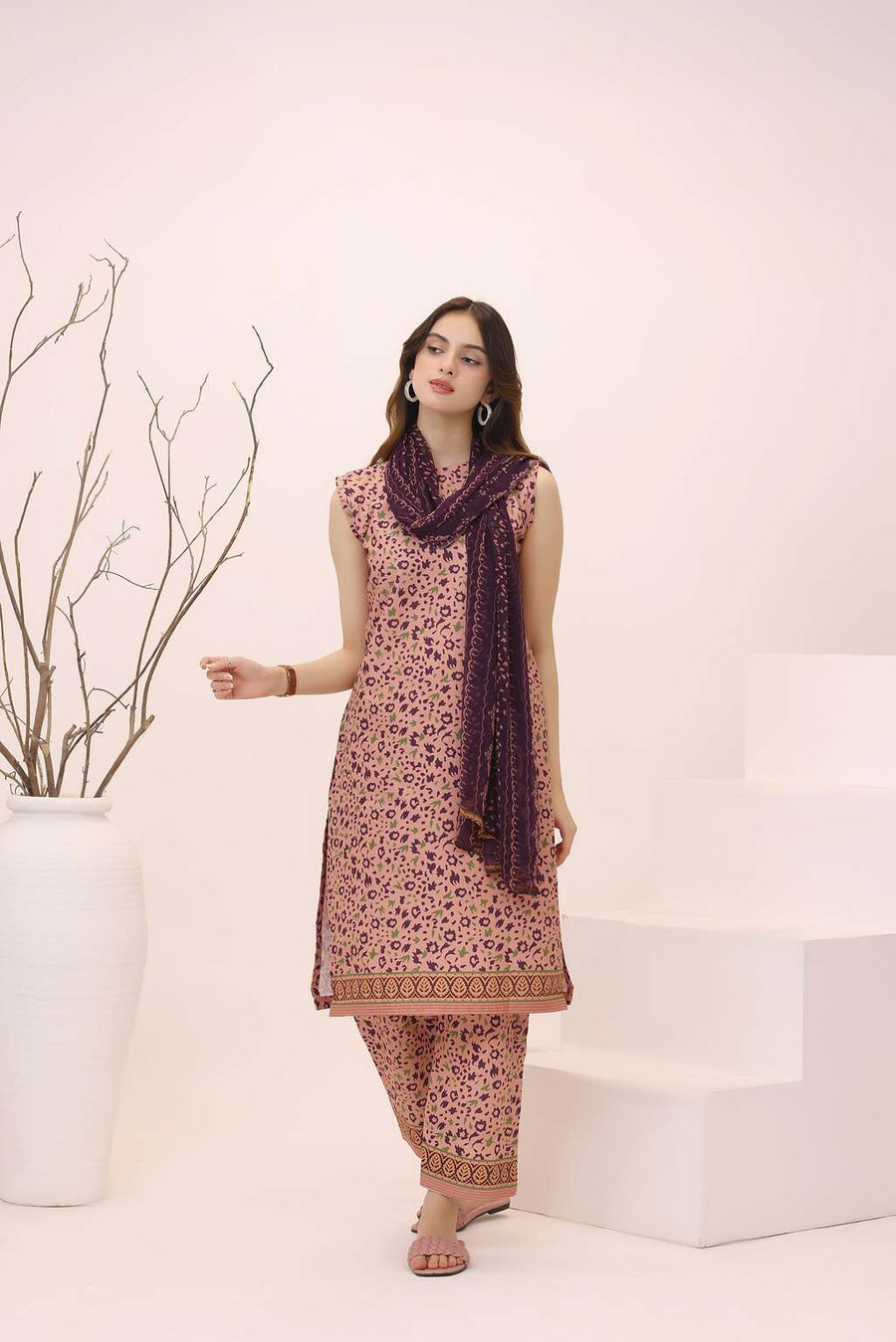 Feathers Premium House of Petals Unstitched Lawn 3Pc Suit Plum Peach-FT753