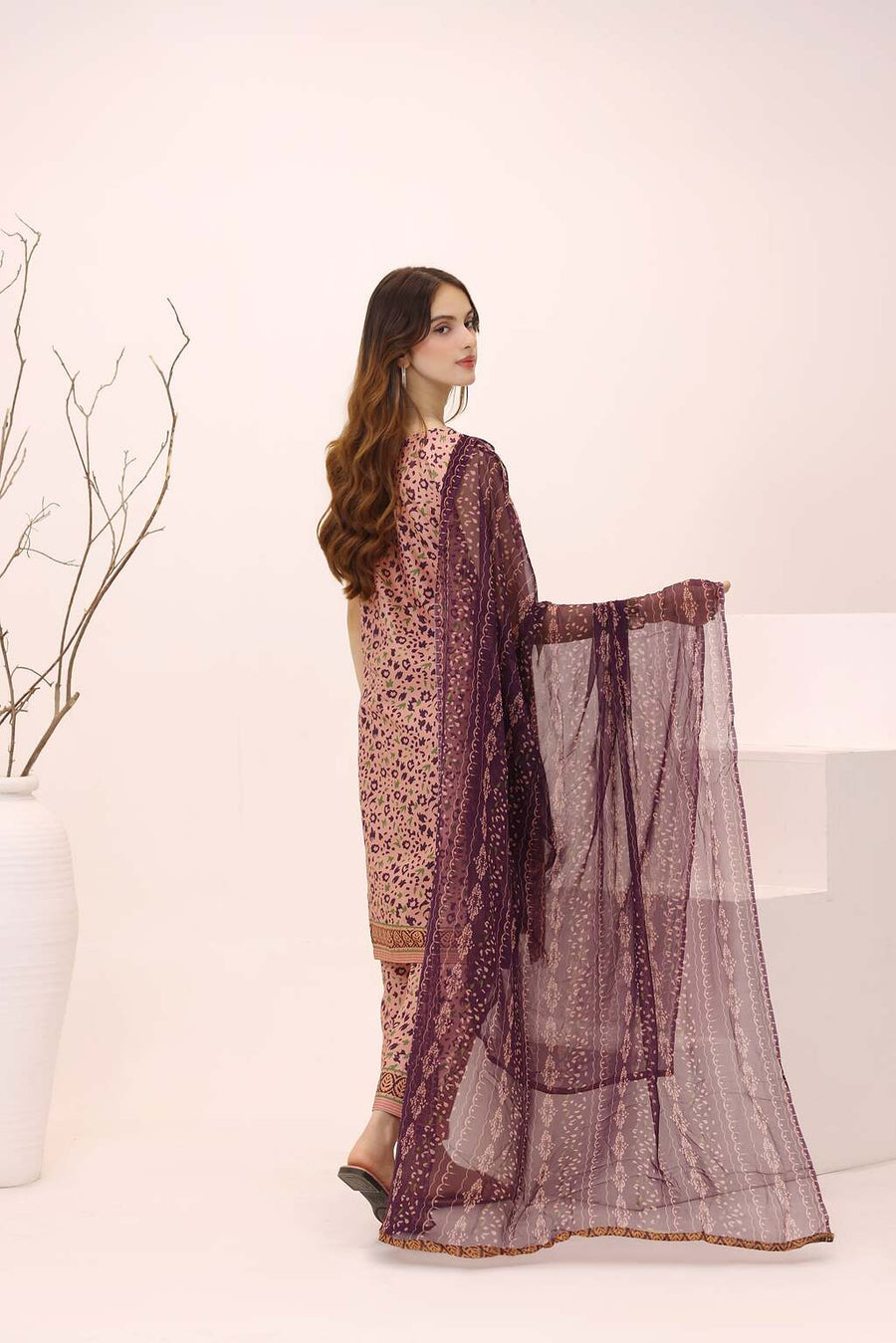 Feathers Premium House of Petals Unstitched Lawn 3Pc Suit Plum Peach-FT753