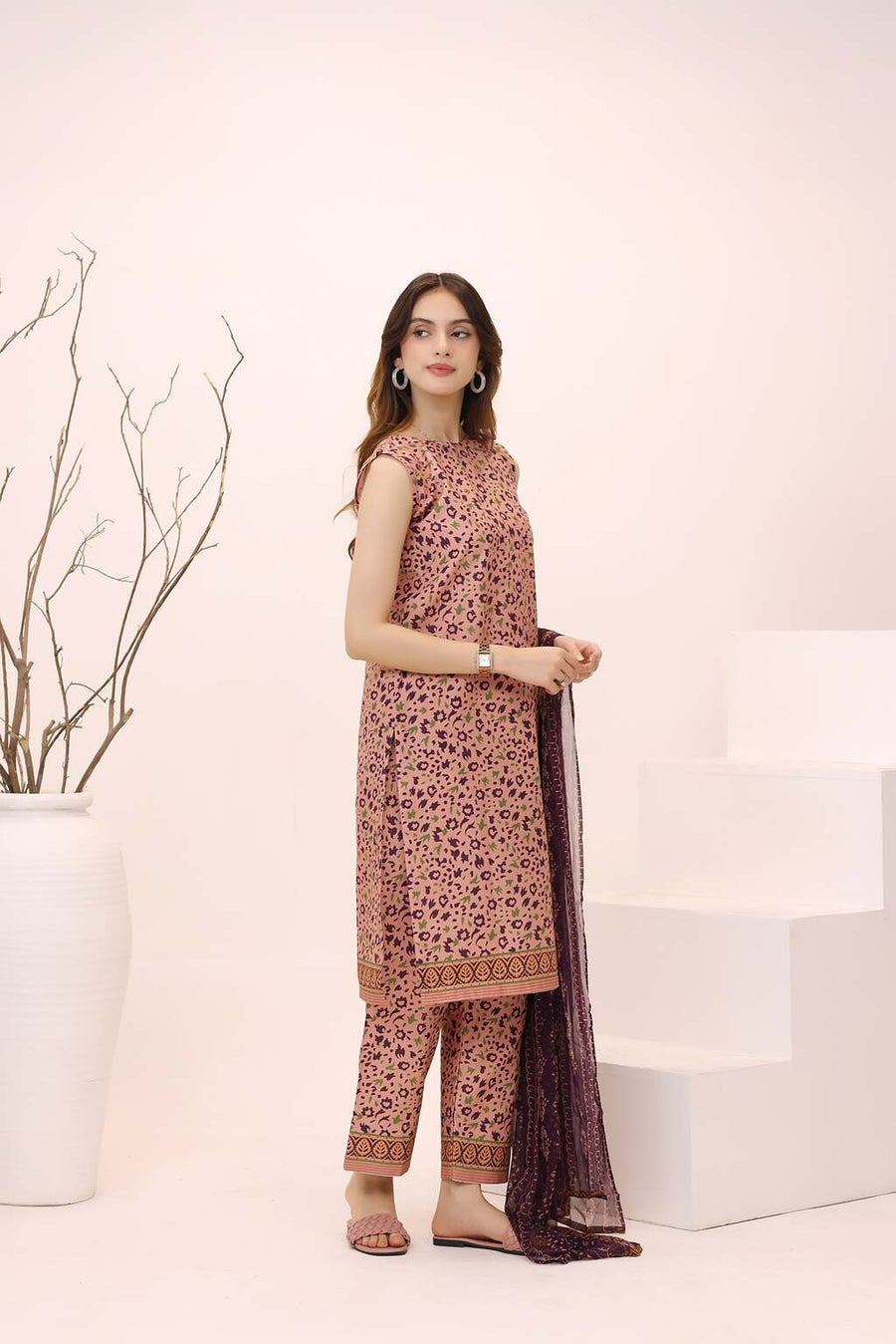 Feathers Premium House of Petals Unstitched Lawn 3Pc Suit Plum Peach-FT753