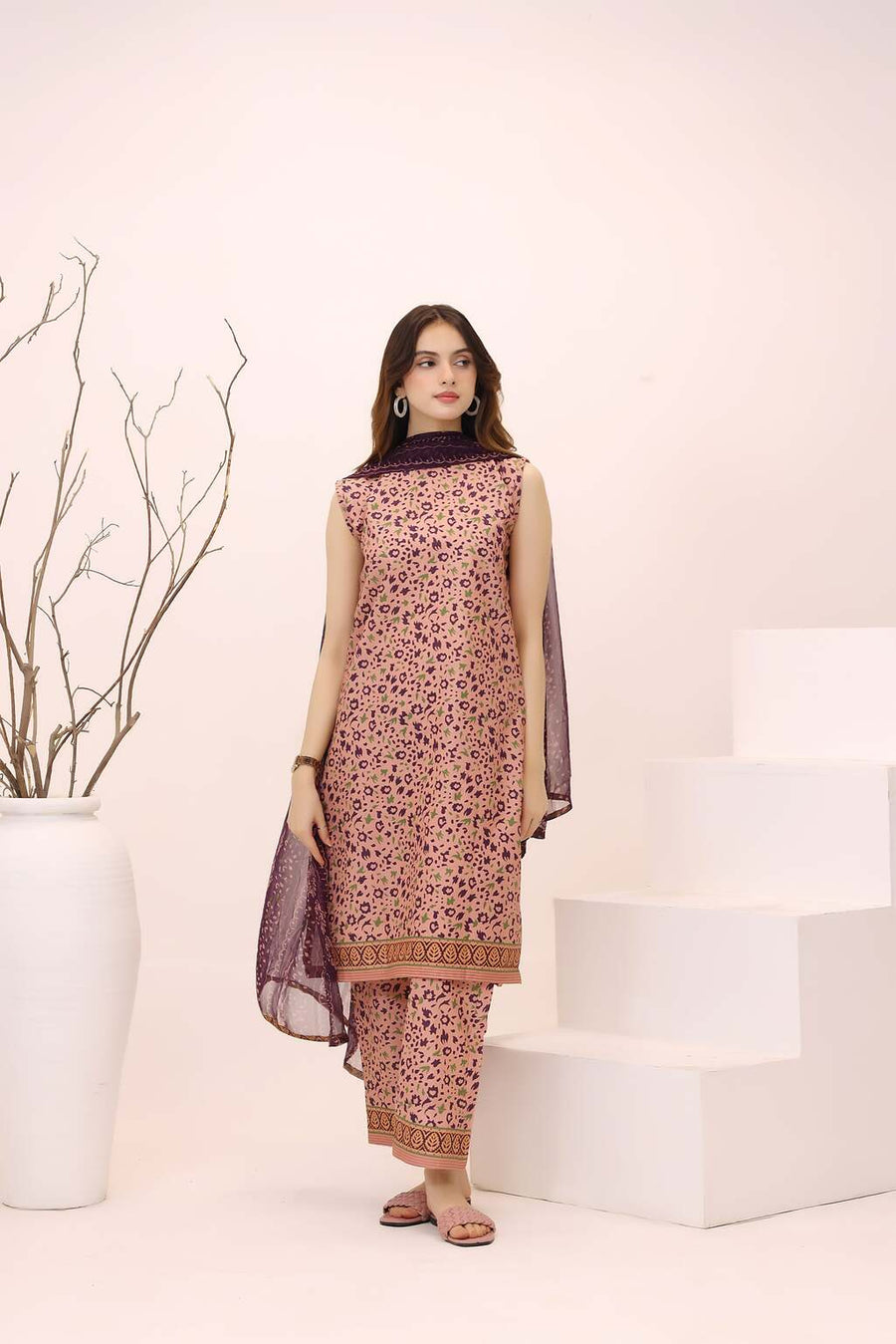Feathers Premium House of Petals Unstitched Lawn 3Pc Suit Plum Peach-FT753