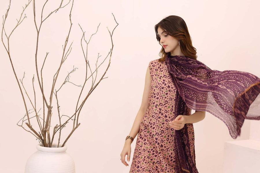 Feathers Premium House of Petals Unstitched Lawn 3Pc Suit Plum Peach-FT753