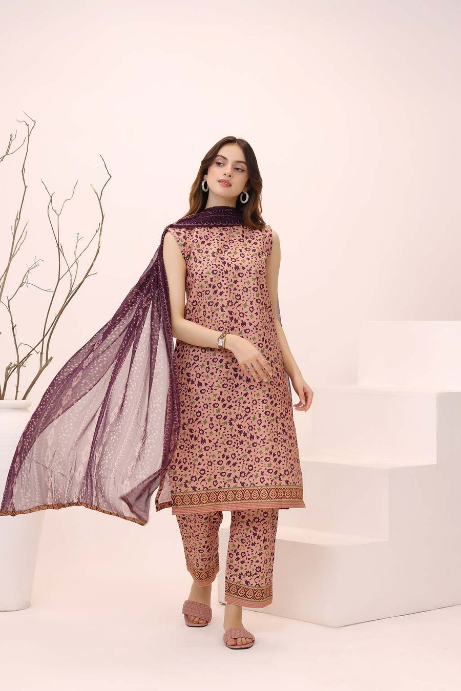 Feathers Premium House of Petals Unstitched Lawn 3Pc Suit Plum Peach-FT753