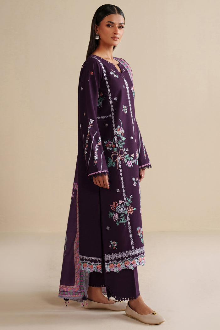 Farasha Winter Spell Embroidered Khaddar Unstitched 3Pc Suit - Plumella