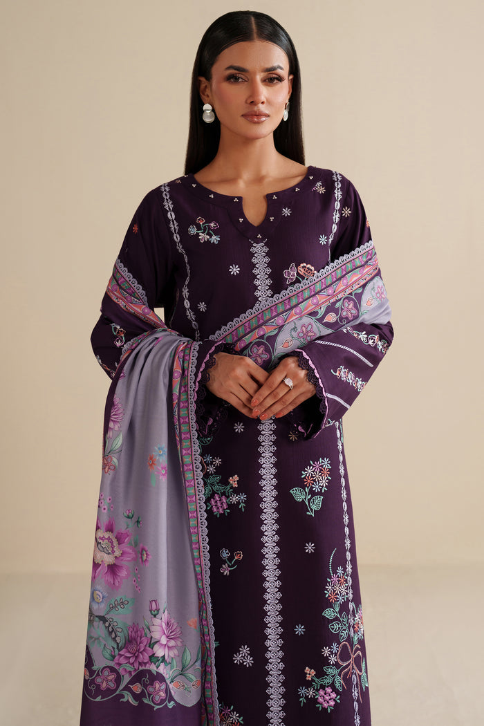 Farasha Winter Spell Embroidered Khaddar Unstitched 3Pc Suit - Plumella