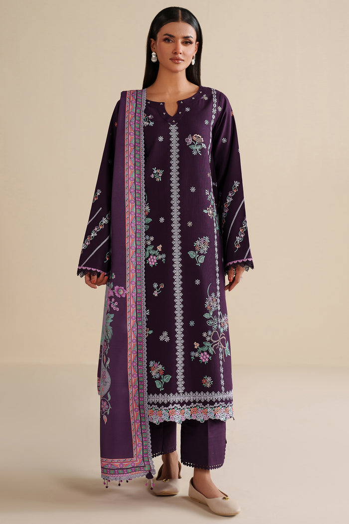 Farasha Winter Spell Embroidered Khaddar Unstitched 3Pc Suit - Plumella