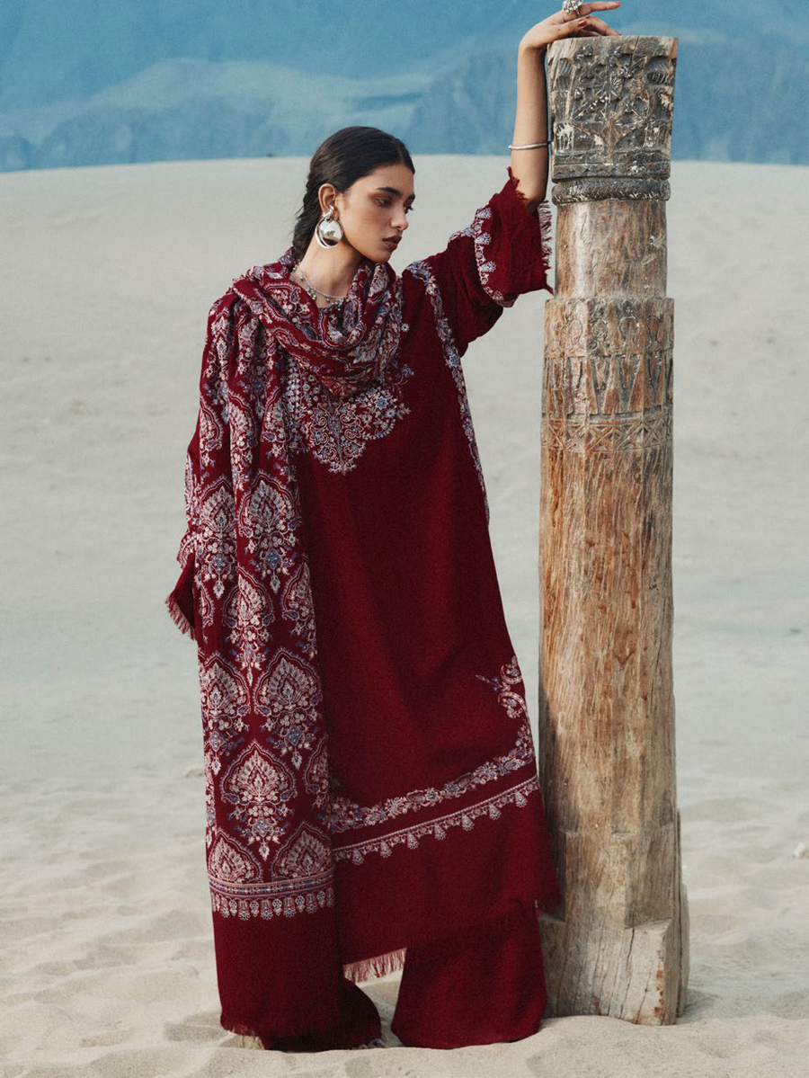 Zara Shahjahan Saraab Embroidered Marina Unstitched 3Pc Suit - QIRMIZ