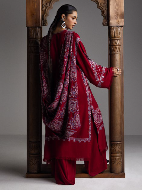 Zara Shahjahan Saraab Embroidered Marina Unstitched 3Pc Suit - QIRMIZ
