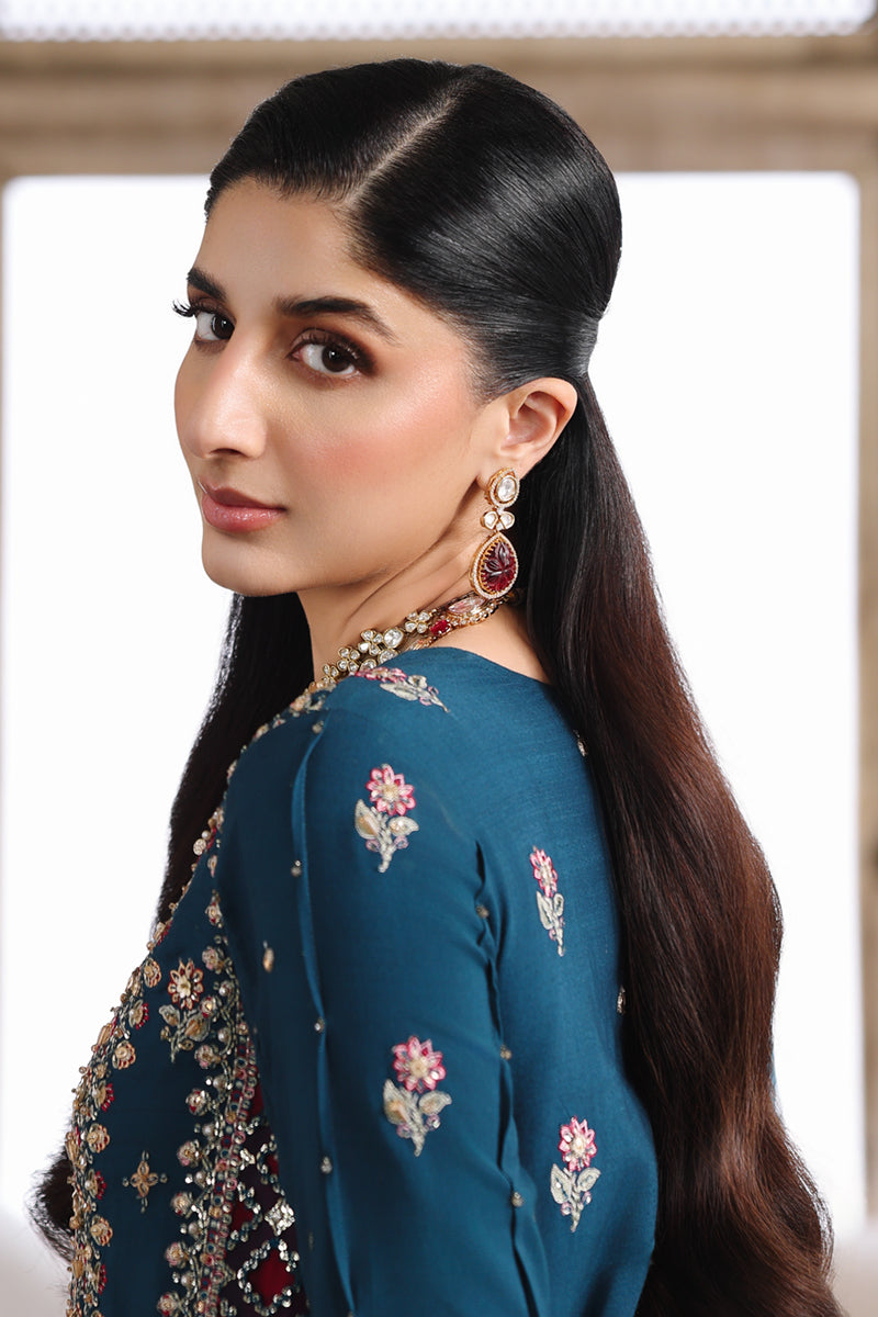 Qalamkar Shadmaani Embroidered Raw Silk Unstitched 3Pc Suit RH-02 NEELAM