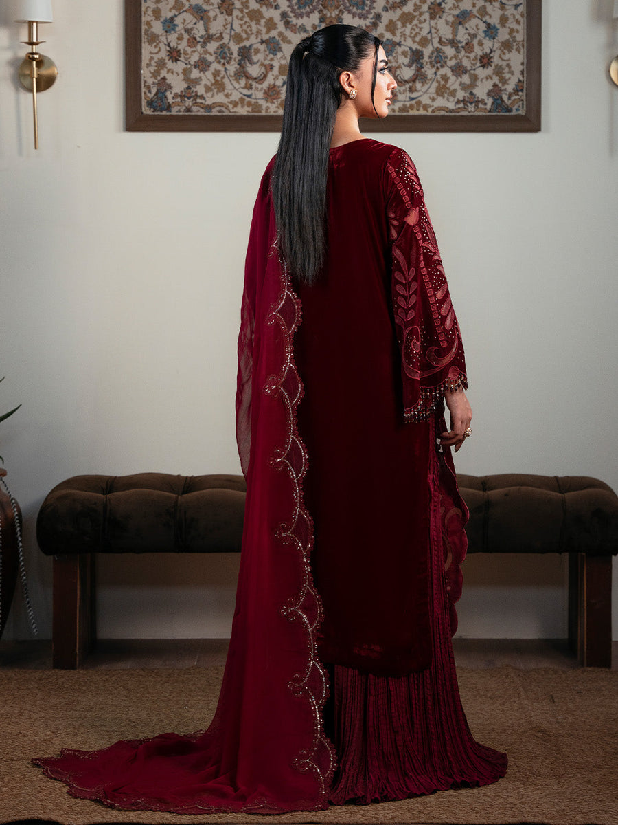 Faiza Faisal Solene Embroidered Velvet Unstitched 3Pc Suit - ROUGE