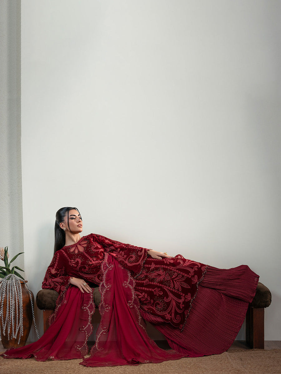 Faiza Faisal Solene Embroidered Velvet Unstitched 3Pc Suit - ROUGE