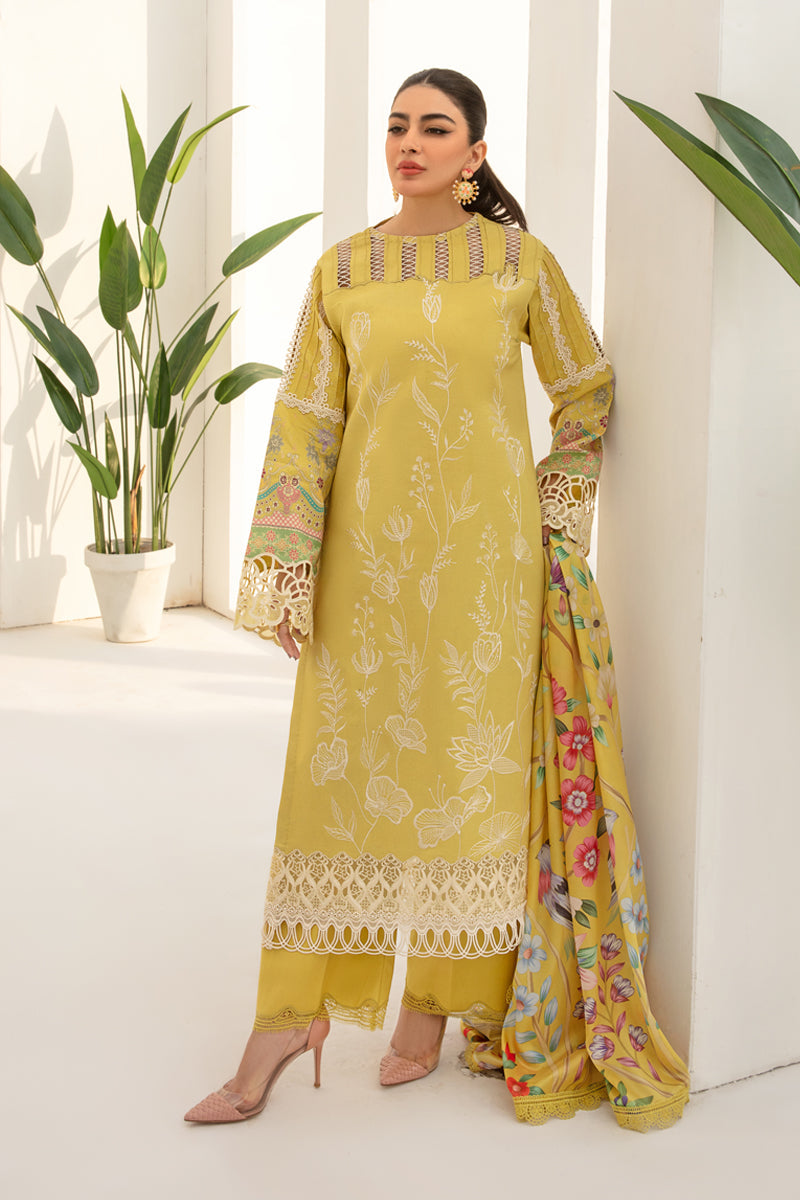 Rang Rasiya Florence Embroidered Lawn Unstitched 3Pc Suit D-06 Sunshine