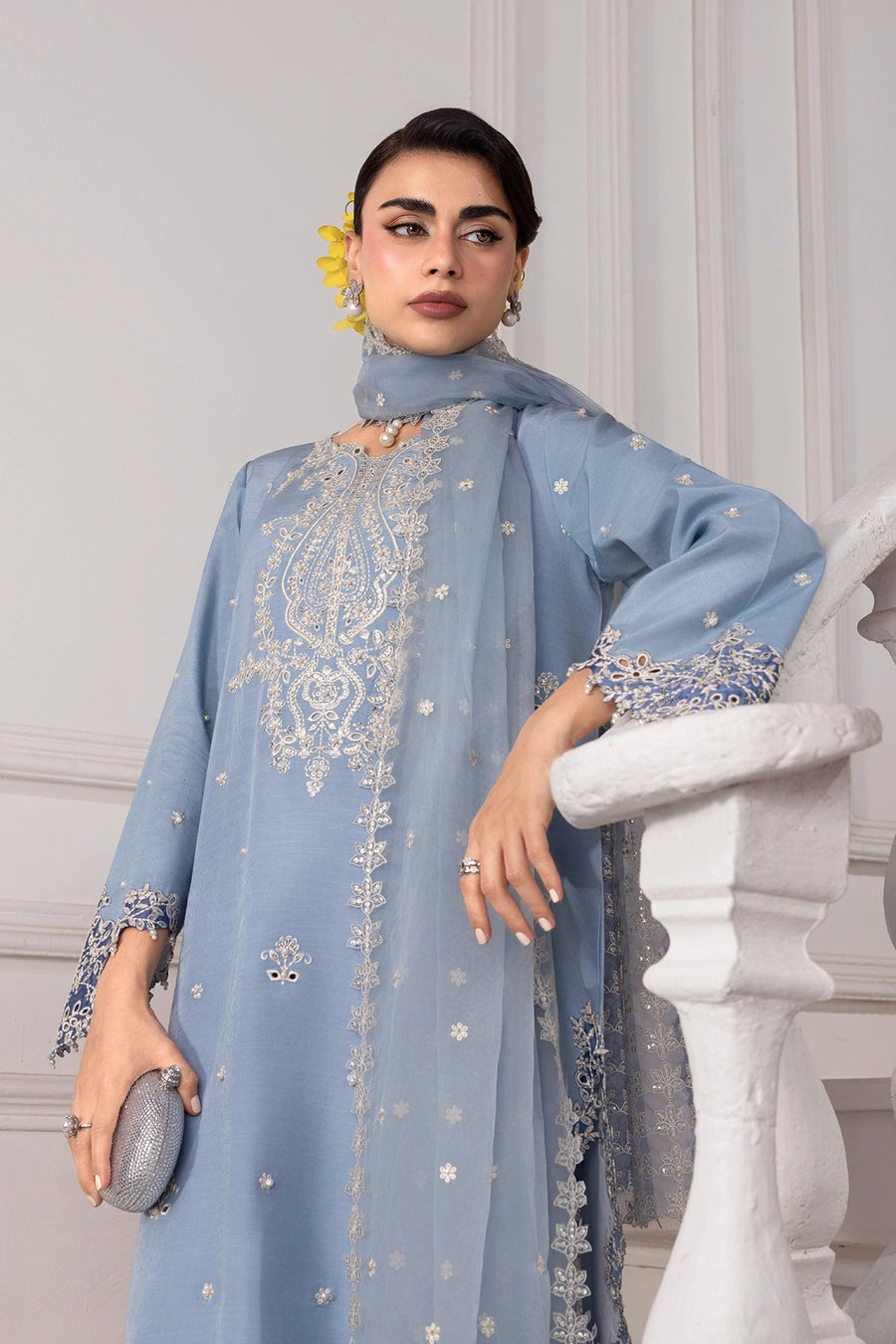 Rang Rasiya Lumeire Silk Unstitched Embroidered 3Pc Suit - Cielo
