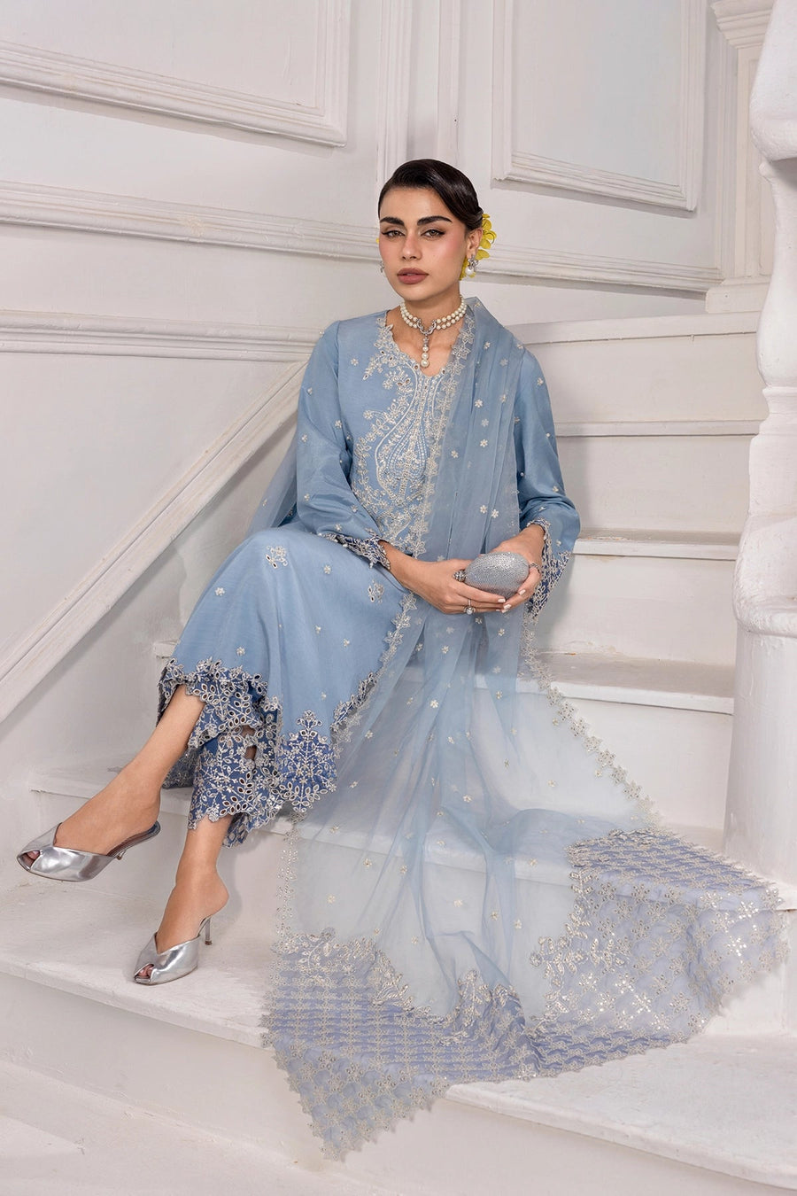 Rang Rasiya Lumeire Silk Unstitched Embroidered 3Pc Suit - Cielo