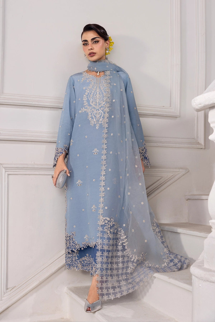 Rang Rasiya Lumeire Silk Unstitched Embroidered 3Pc Suit - Cielo
