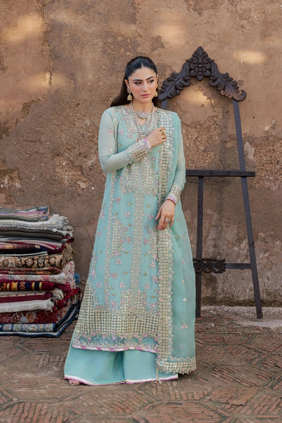 Rang Rasiya Chatoyer Embroidered Chiffon Unstitched 3Pc Suit - Celeste