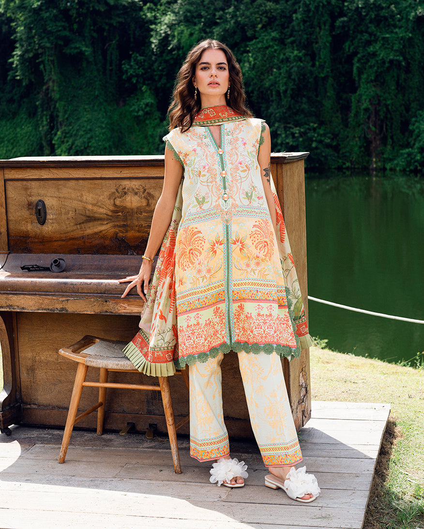 Roheenaz Garden Veil Printed Lawn Unstitched 3Pc Suit RNZ2508B Gold Riddle