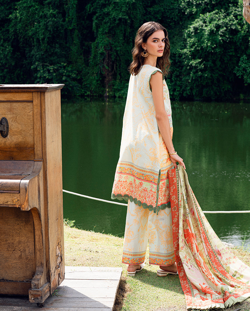Roheenaz Garden Veil Printed Lawn Unstitched 3Pc Suit RNZ2508B Gold Riddle