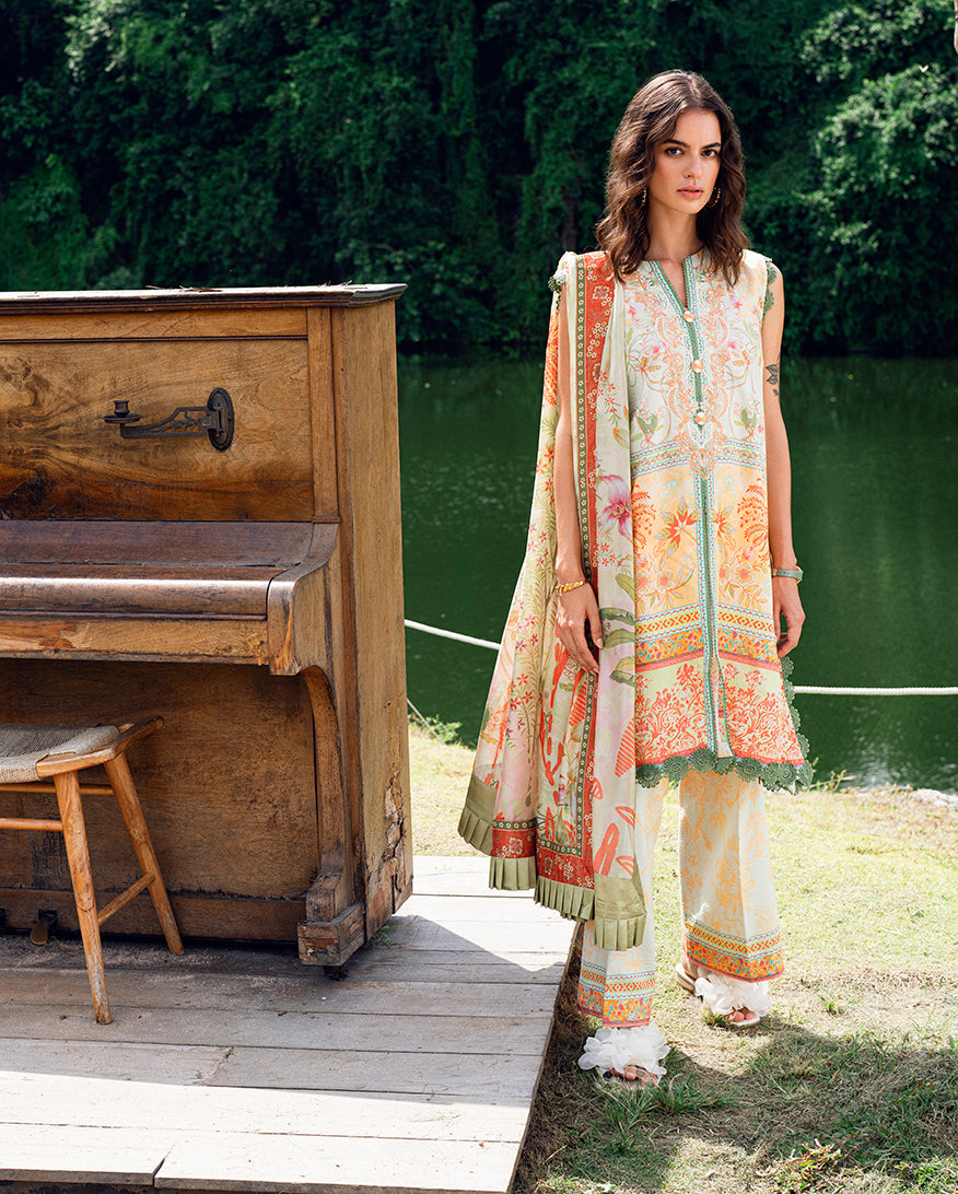Roheenaz Garden Veil Printed Lawn Unstitched 3Pc Suit RNZ2508B Gold Riddle