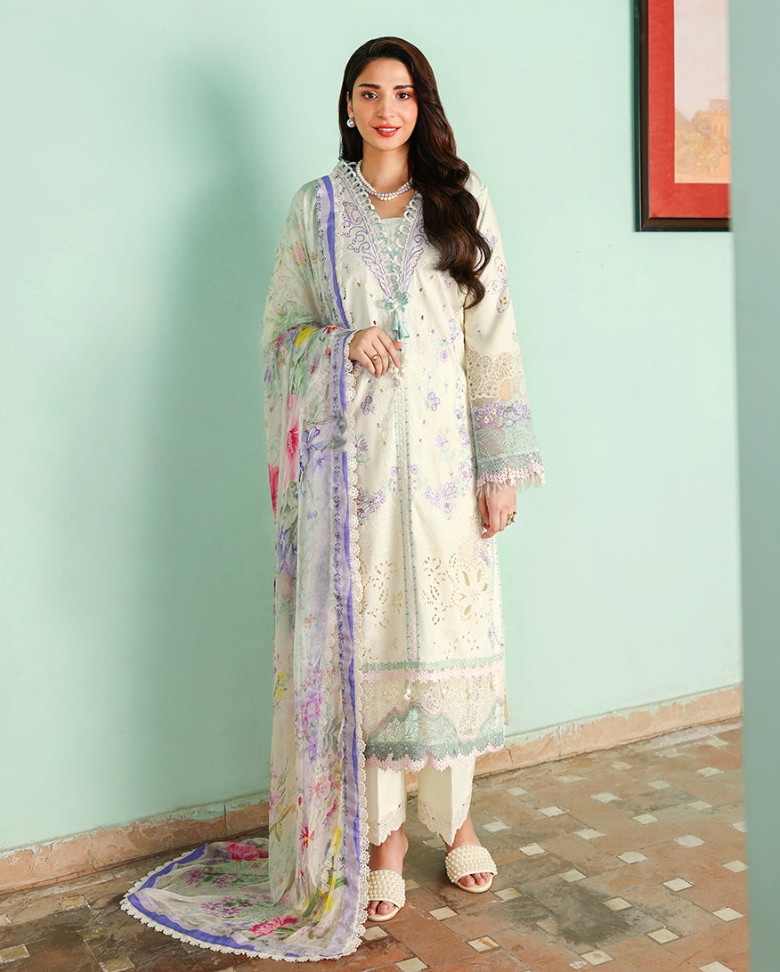Roheenaz Summer Reverie Embroidered Lawn Unstitched 3Pc Suit - Celestia