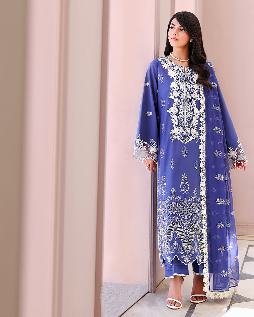 Roheenaz Veil of Summer Embroidered Lawn Unstitched 3Pc Suit - BLANC MIRAGE