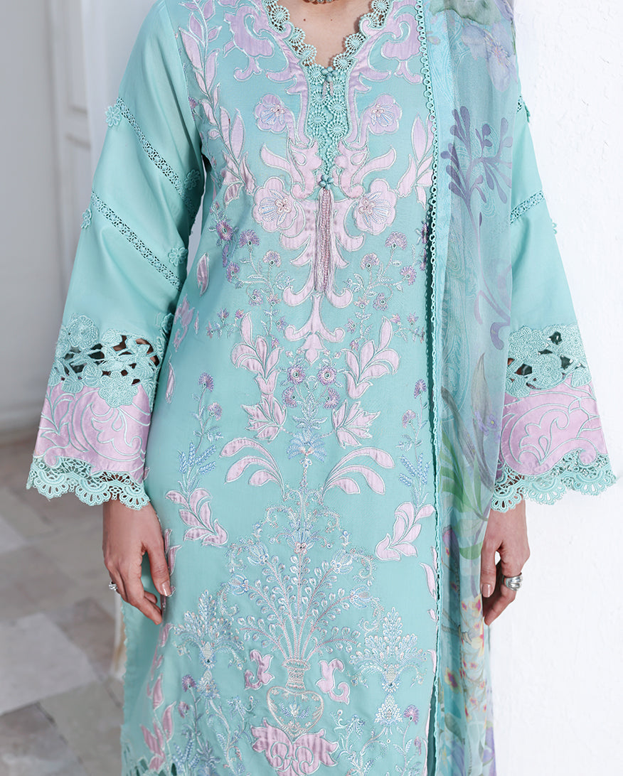 Roheenaz Floral Reverie Embroidered Lawn Unstitched 3Pc Suit - Dewy Mist
