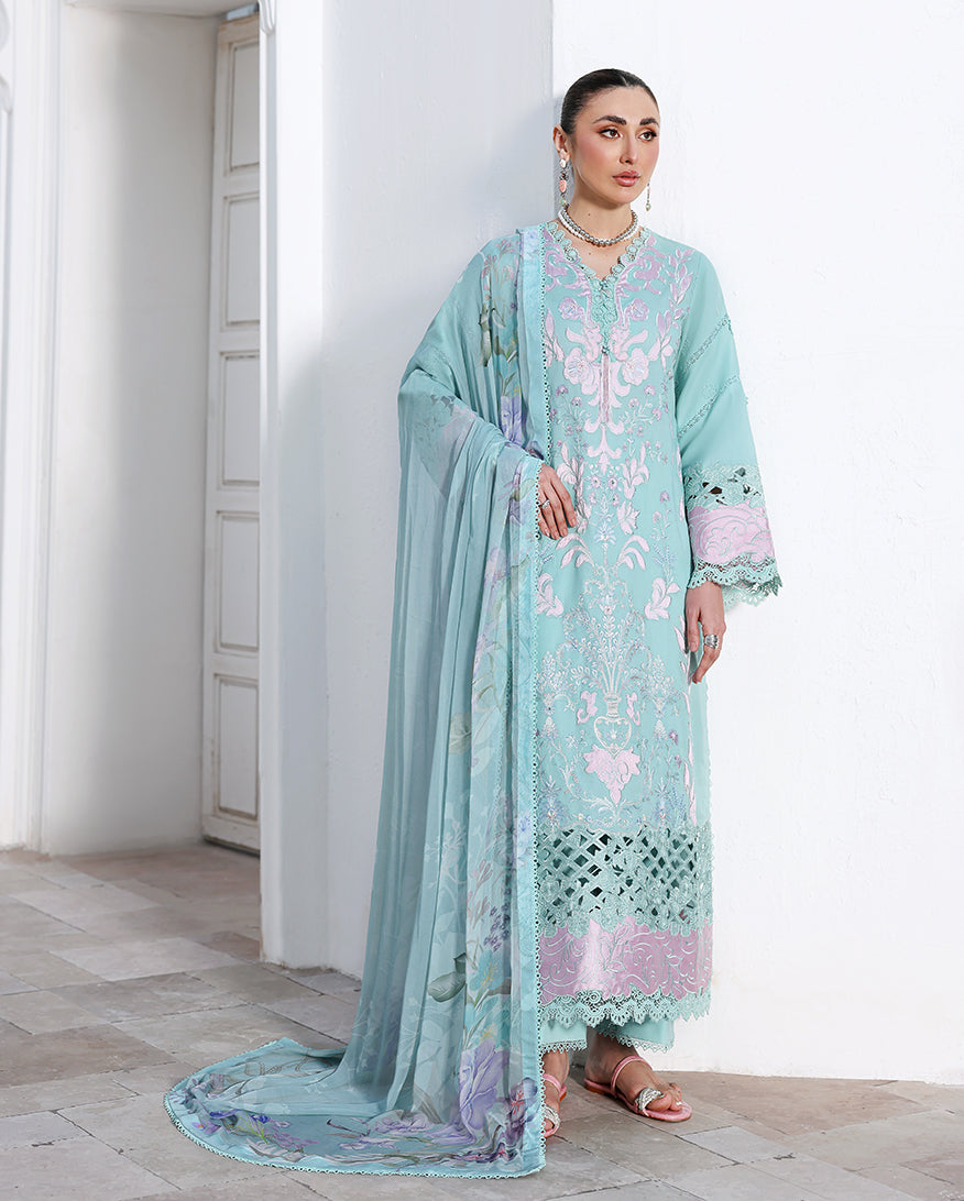 Roheenaz Floral Reverie Embroidered Lawn Unstitched 3Pc Suit - Dewy Mist