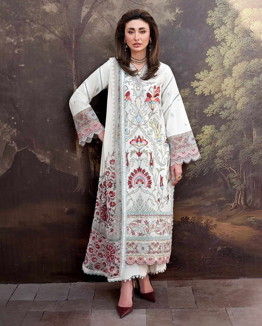 Roheenaz Floral Reverie Embroidered Lawn Unstitched 3Pc Suit - Lunar Glow