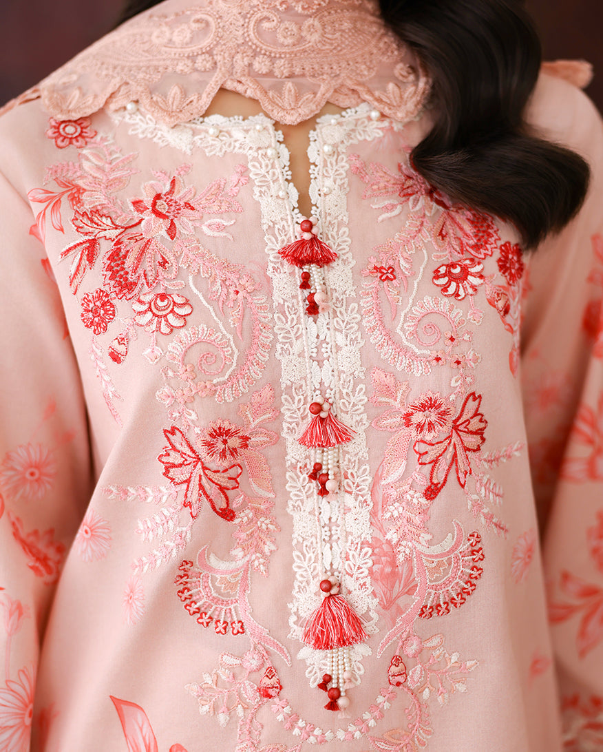 Roheenaz Sunlit Tales Embroidered Lawn Unstitched 3Pc Suit - Coral Whisper