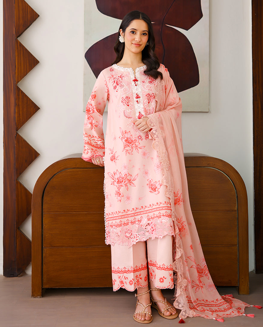 Roheenaz Sunlit Tales Embroidered Lawn Unstitched 3Pc Suit - Coral Whisper