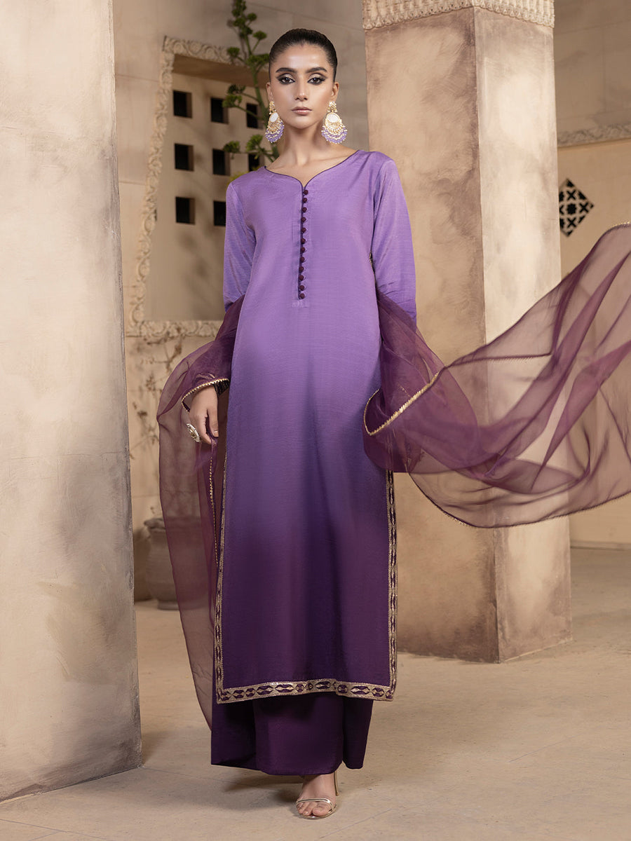 Hemstitch Embroidered Raw Silk Ready to Wear 3Pc Suit - Raania