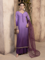 Hemstitch Embroidered Raw Silk Ready to Wear 3Pc Suit - Raania