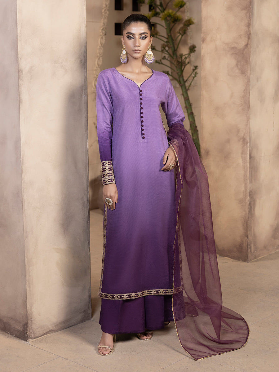 Hemstitch Embroidered Raw Silk Ready to Wear 3Pc Suit - Raania
