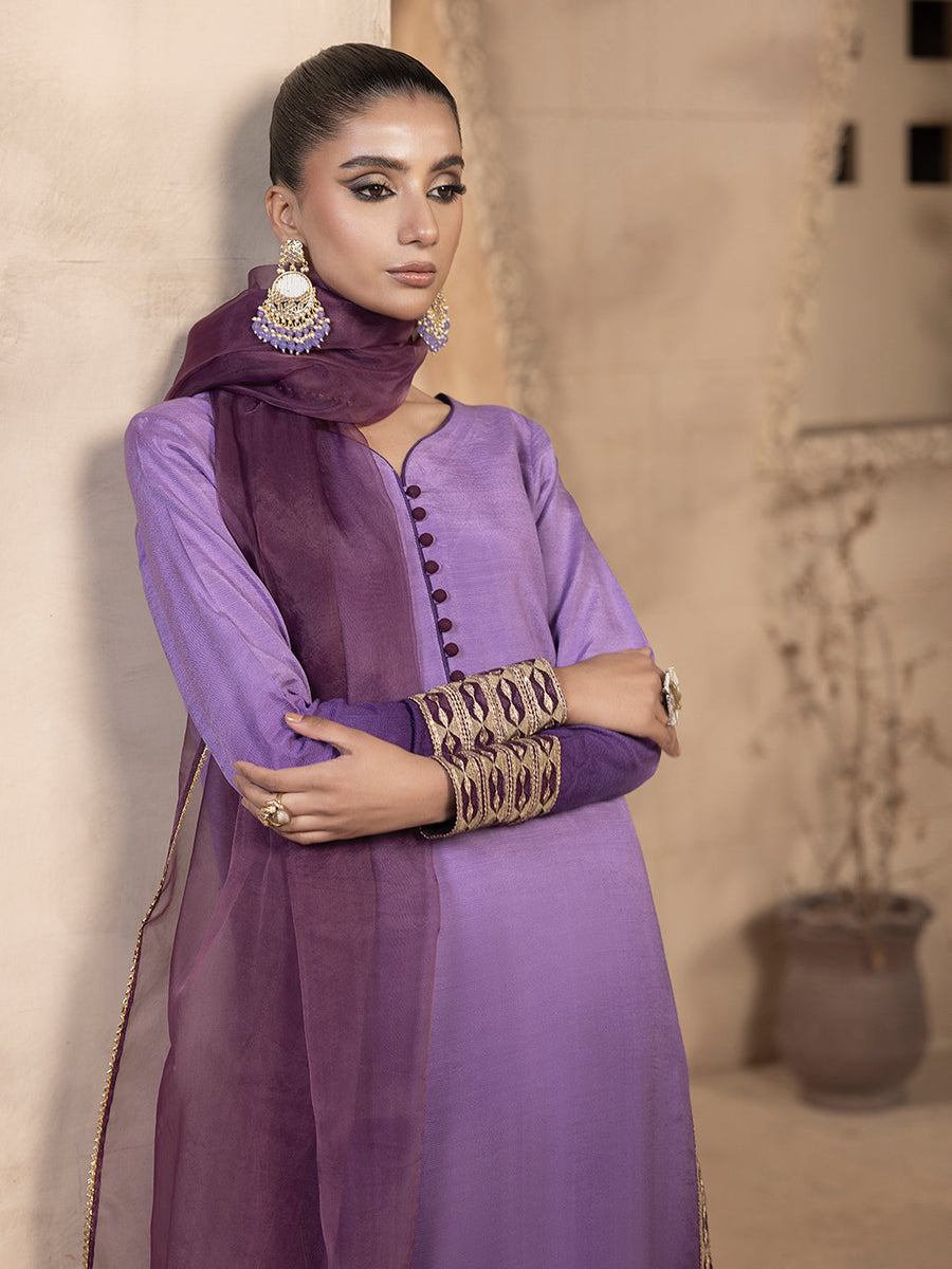 Hemstitch Embroidered Raw Silk Ready to Wear 3Pc Suit - Raania