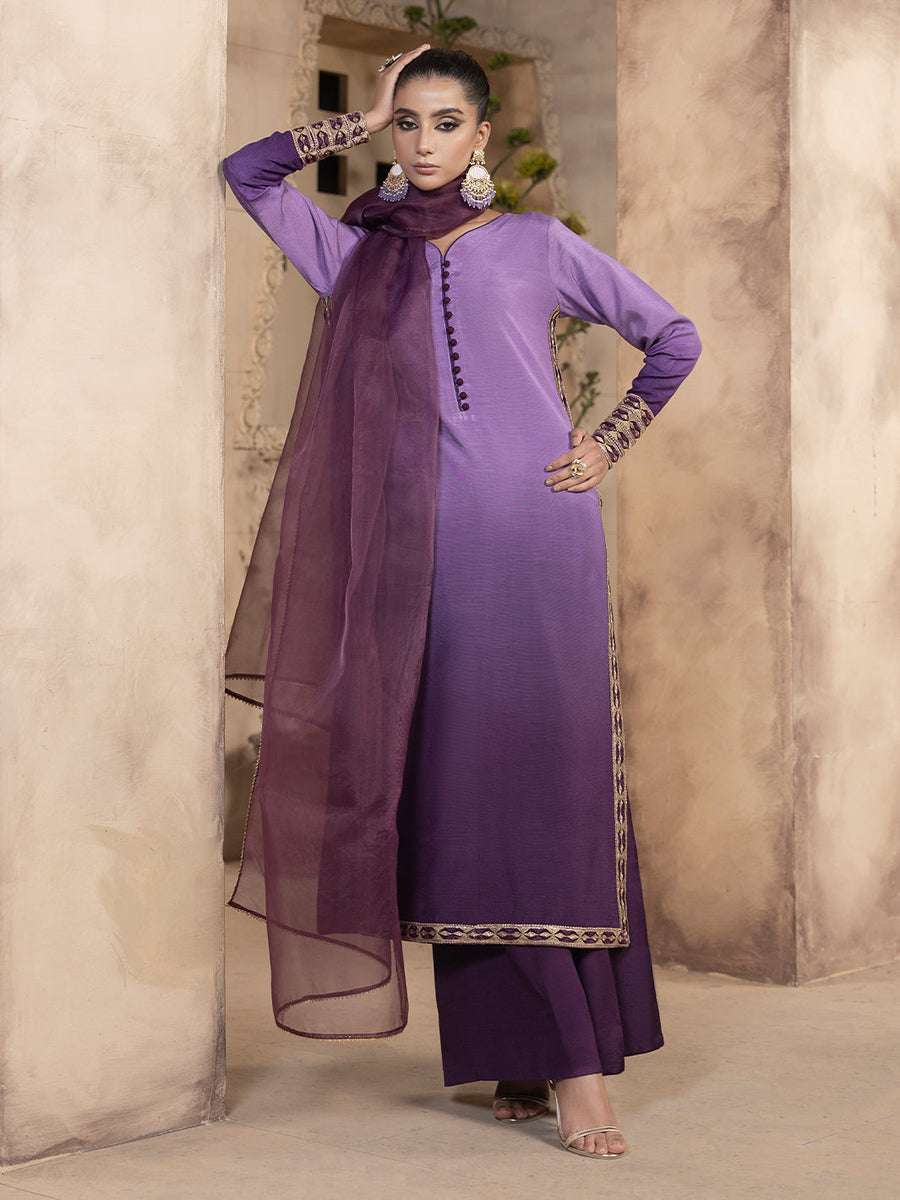 Hemstitch Embroidered Raw Silk Ready to Wear 3Pc Suit - Raania